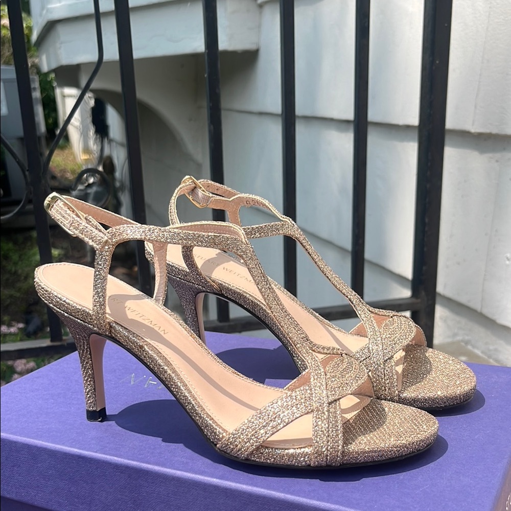 Stuart Weitzman “Sunny” Elegant Gold Strappy Heels